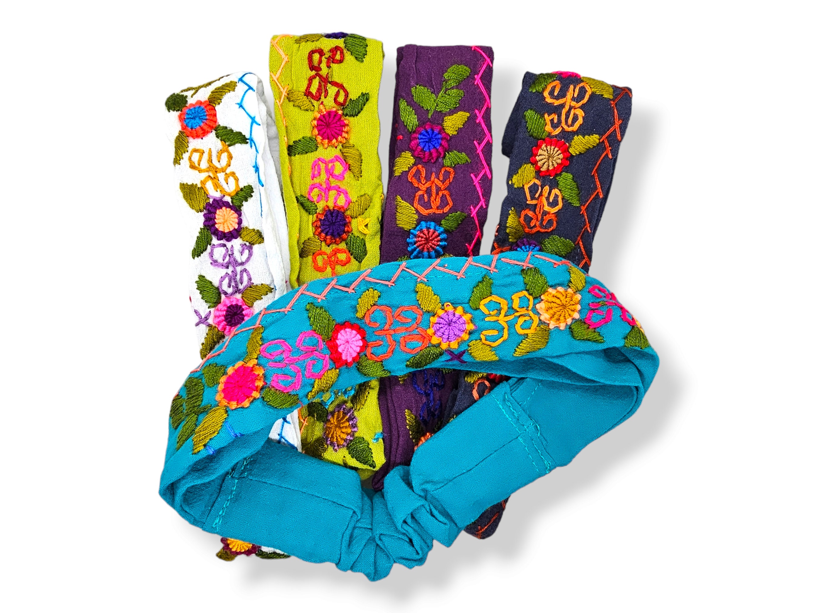 Handmade Guatemalan Cotton Headband: Embroidered Floral Boho Bandana