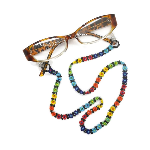 Beaded Daisy Eyeglass Lanyard or Holder - Eyeglass Leash- Rainbow Eyeglass Chain- Ethnic Cotton Sunglasses String- Woven Eyewear Holder-Boho