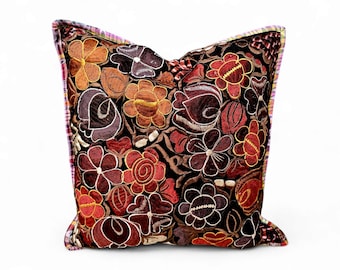 Guatemalan Embroidered Cushion Cover • Upcycled Huipil Pillow • Boho Floral Throw Pillow • Fair Trade Handmade Ethnic Decor