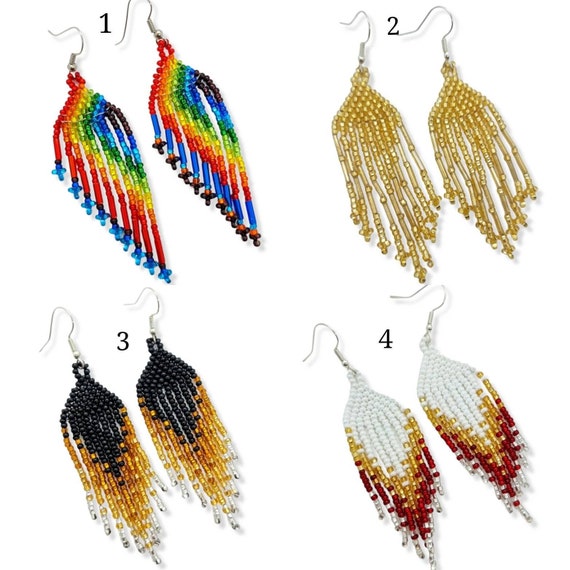 Huichol Glass Beaded Earrings-Mexican Fringe Earrings- Long Dangle Earrings- Ethnic Tribal Earrings- Boho Chic Earrings- Cascade Earrings