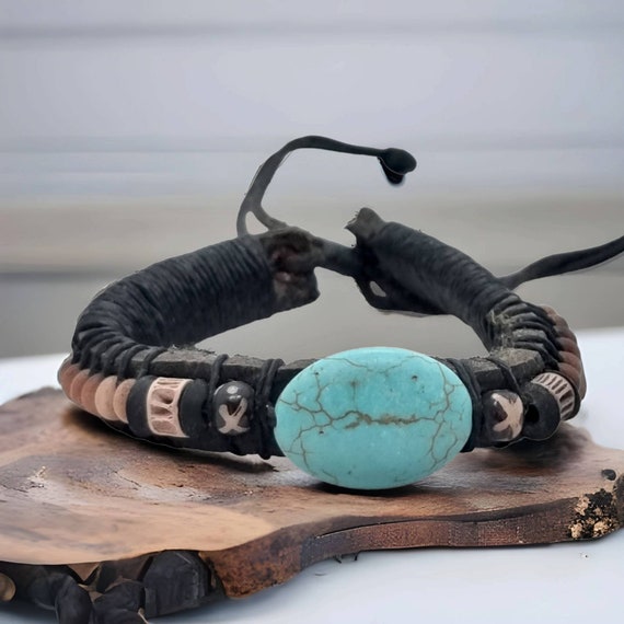 Men’s Leather Bracelet | Faux Turquoise Bracelet | Adjustable Size | Leather Wristband | Boho Chic Leather Jewelry | Tribal Bracelet |Beaded