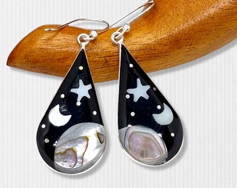 Celestial Earrings, Landscape Earrings, Starry Night Design, Abalone Shell Inlay, Silver Plated, Silver Abalone Earrings, Paua Shell Jewelry