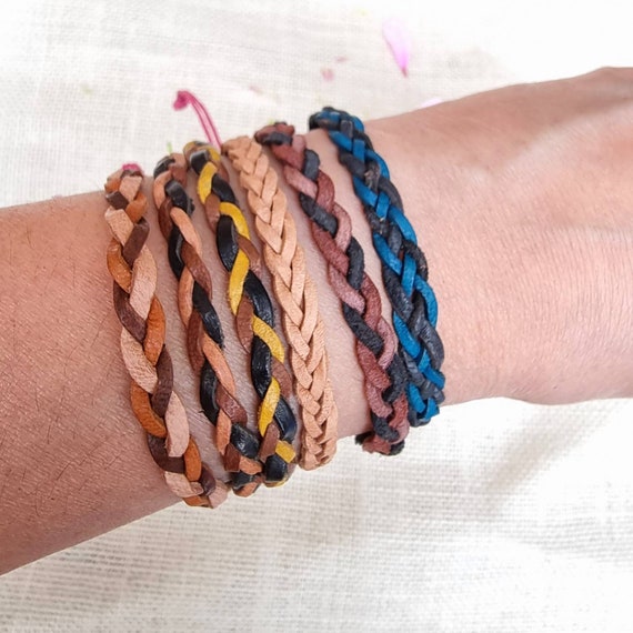 Plaited Duo Coloured Leather Bracelets Single or Set of 2 Unisex Boho Chic Plain Leather Wristband Handmade Leather Braided Bracelet