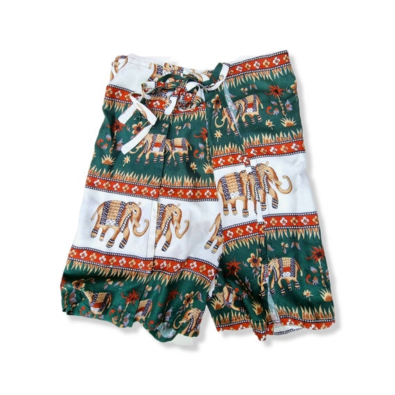 Mini Sarong Skirt/Shorts, Wrap Around Skirt, Elephant Pattern, One Size Fits Most, Mini Batik Beach Sarong, Hippie, Brown, Green Colour