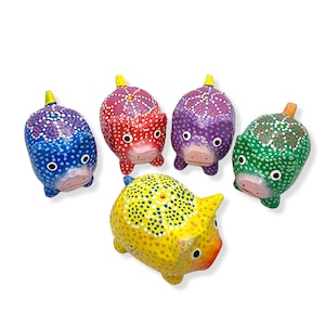 Set of 5 Hand Painted Wooden Pig Figurines – Dot Painted Pig Decor – Carved Wood Animal Statues – Wholesale Piggy Shelf Decorations