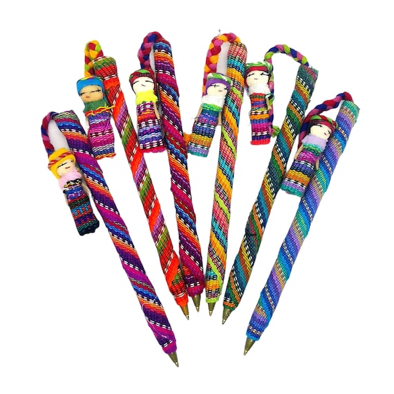 One Worry Doll Ballpoint Pen - Guatemalan Worry Doll Write Pen -  Fair Trade Artisan Made - Wrap Pen in Colourful Fabric - Anxiety Gift