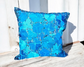 Guatemalan Handmade Upcycled Huipil Cushion Cover - Two Tone Blue Floral Motif - Boho Ethnic Tribal Cushion Cover, Ethnic Decor