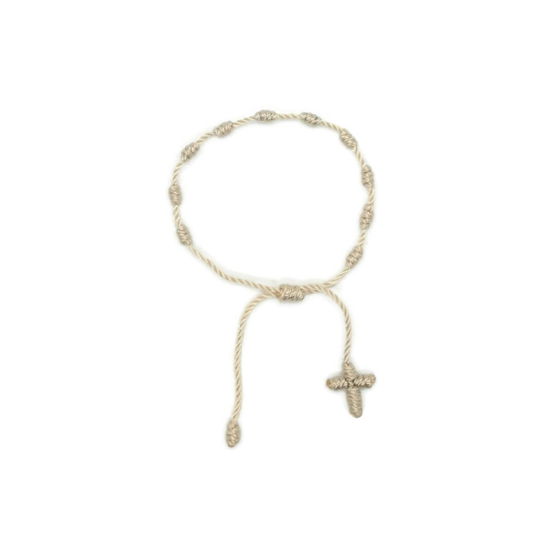 Knotted Rosary Bracelet, Mexican Bracelet, Handmade Bracelet,Baptism, Decenario Bracelet, First Communion, Religious, Prayer, Cross Bracelet Cream color