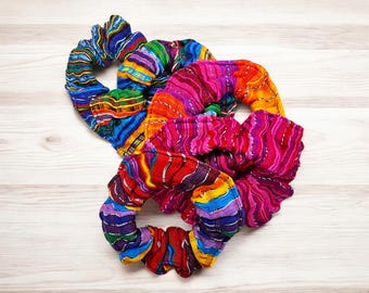 Large Multi color Striped Hair Ties or Scrunchies - Guatemalan Fabric Hair Bobbles - Ethnic Scrunchy- Ponytail Holder-Soft elastic-Bun Wrap