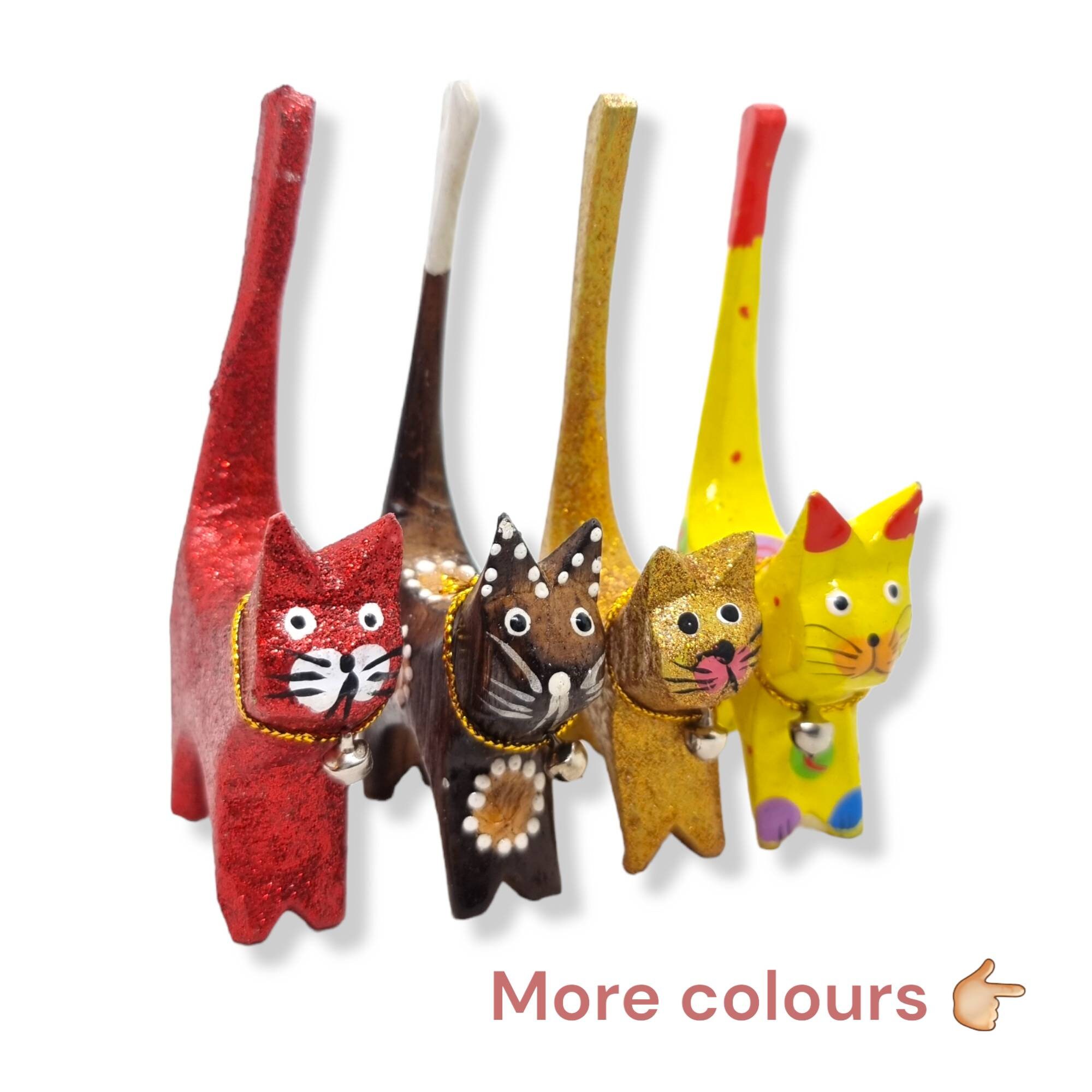 Wooden Cat Ring Holders Glitter Colours Set of 4 Carved Wood