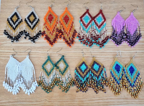 Huichol Glass Beaded Earrings- Mexican Tassel Earrings- Long Dangle Earrings- Ethnic Tribal Earrings- Boho Chic Earrings- Cascade Earrings