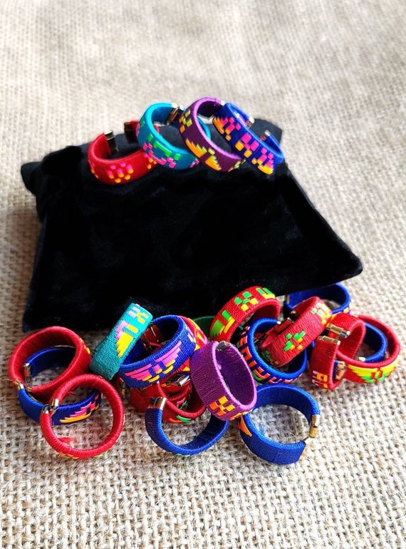 Woven Cotton Rings- Kids Rings- Lot of 5,10, 20, Boho Chic Jewelry, End of School Gifts, Party Favours, Adjustable Rings, Multi Colour Bands