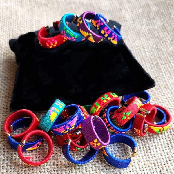 Woven Cotton Rings- Kids Rings- Lot of 5,10, 20, Boho Chic Jewelry, End of School Gifts, Party Favours, Adjustable Rings, Multi Colour Bands