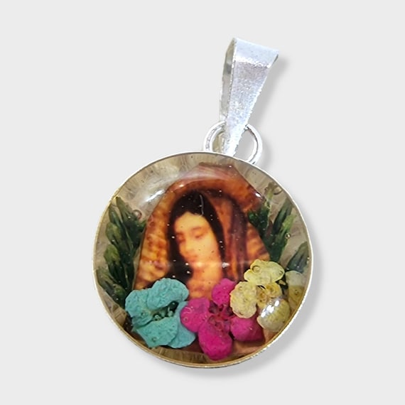 Madonna Pendant, Virgin of Guadalupe, Religious Jewelry, Resin, Round Pendant Necklace, Floral Pendant, Catholic Jewelry, Spiritual Pendant