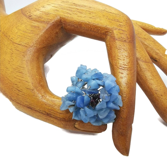 Blue Stone Ring, Floral Cluster Ring, Glass Bead Center, Blue Colour, Silver Plated, Gemstone Jewelry, Adjustable Ring, Boho Ring, Flower