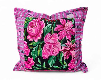 Guatemalan Huipil Cushion Cover • Handwoven Floral Pillow • Bright Pink Embroidered Throw Pillow • Fair Trade Boho Home Decor