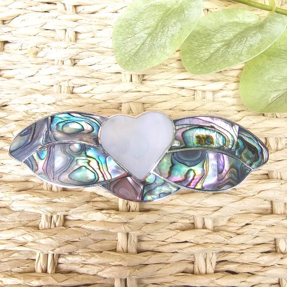 Vintage Mexican Alpaca Silver Abelone Shell Inlay French Hair Barrette Artisan Vintage hair barrette alpaca - Gem main image 3