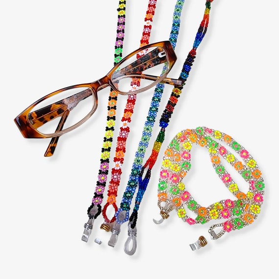 Beaded Daisy Eyeglass Lanyard or Holder - Eyeglass Leash- Rainbow Neon Eyeglass Chain- Ethnic Sunglasses String- Woven Eyewear Holder-Boho