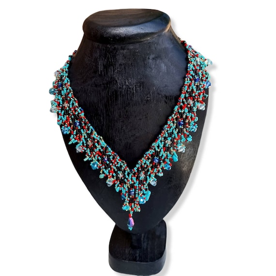 Mexican Huichol Beaded Necklace/ Diamond Design Necklace/ Huichol Jewelry/ Handmade Tribal Necklace/ Boho Chic Necklace/ Women's Jewelry