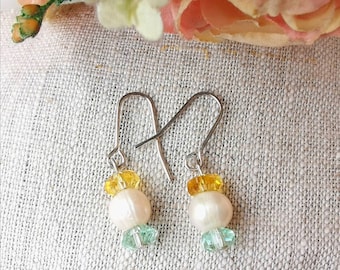 Fresh Water Pearl Earrings- Bridal Dangle Earrings- White Pearl Earrings- Pearl Jewelry- Gift For Her-Pearl Drop Earrings- Crystal Earrings