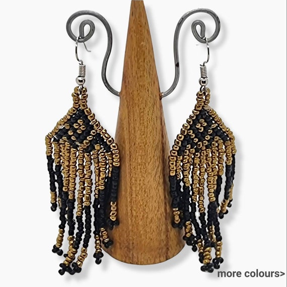 Beaded Huichol Earrings- Mexican Fringe Earrings- Long Ethnic Tribal Dangles- Boho Chic Style- Cascade Earrings- Huichol Art