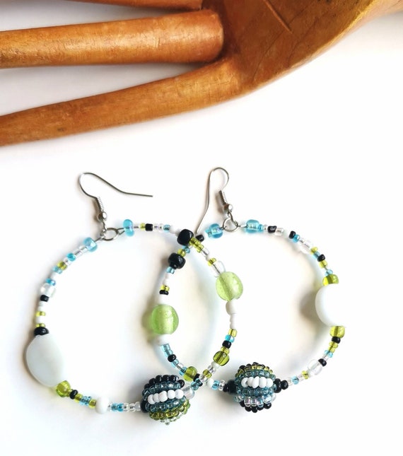 Glass Beaded Hoop Earrings, Multi Colour, Round Design, Gift for Her, Beaded Jewelry, Bohemian Earrings, Green, Blue and White Colours