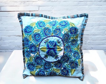 Floral Cushion Cover- Blue Roses Motif- Huipil Pillow Cover- Guatemalan Boho Cushion Cover- Huipil Cushion Cover-Tribal Pattern-Ethnic Decor
