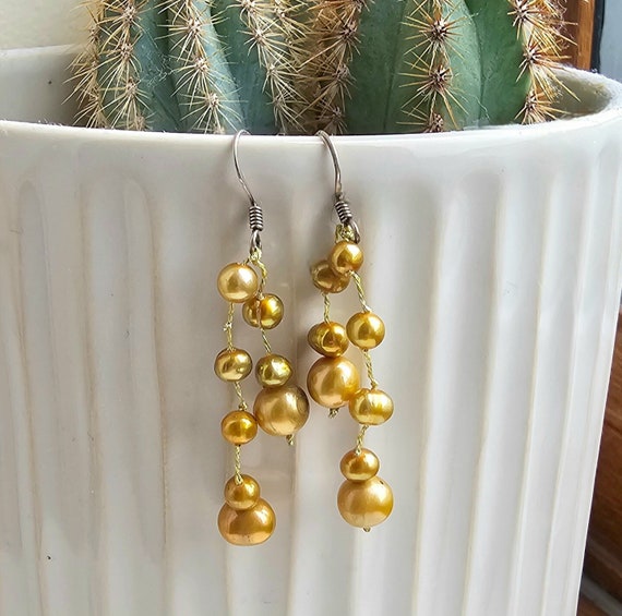 Gold Coloured Freshwater Pearls Dangle Earrings