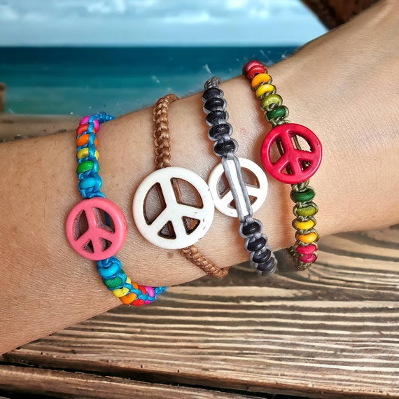 Peace Sign Bracelet, or Anklet, Beaded, Multicolour, Wax Cord Bracelet, set of 3  pieces, Rainbow BFF Friendship, Hippie, Friendship Band