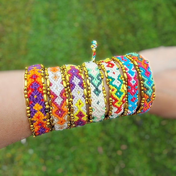 Woven Friendship Bracelet, With Golden Beaded Border, Arrowhead Cotton Wristband, Knotted Wrap String Bands, Hippie, Boho Stackable Bracelet