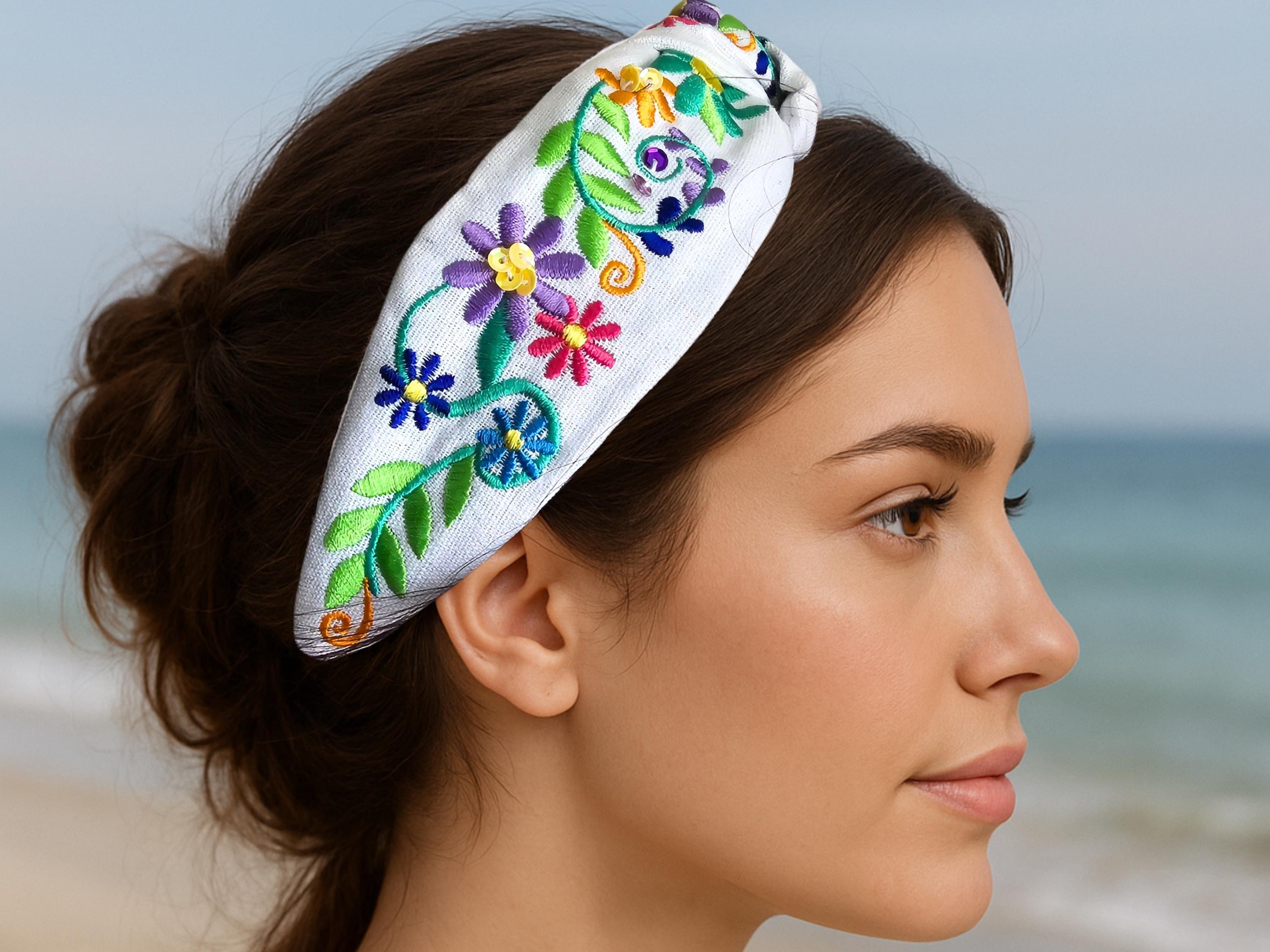 embroidered headband boho chic floral Mexican Mexican Embroidered Headbands 100% Cotton With Elastic Band  main image 3