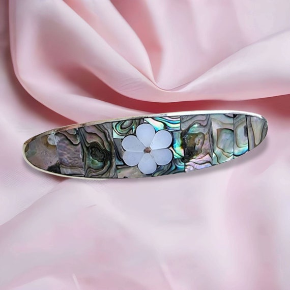 Abalone Shell Hair Clip, Mother of Pearl Hair Barrette, Floral White Daisy Design, Silver Plated, Mexican Shell Hair Jewelry, Sea Hair Clip