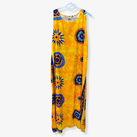 Women's Shift Dress/ Maxi long Dress/Yellow Orange Blue Colour/ Sleeveless/ Sun Print/  Spring Summer Dress/  Round Neck Elegant Casual