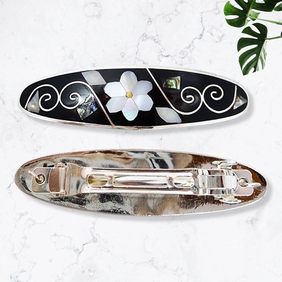 Barrette dangle wrap with Criss-cross pattern.  Made from mother of pearl Mother of Pearl Hair Barrette, Floral Design, Abalone Shell  main image 3