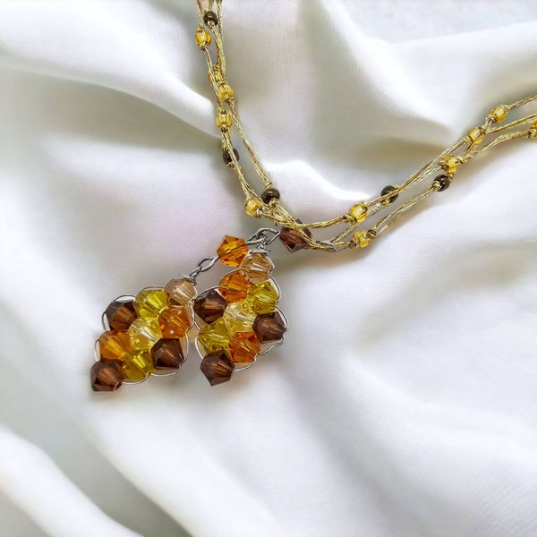 Brown Crystal Necklace, Double Diamond Shape Pendant, Silk Thread, Bridesmaid Necklace, Crystal Jewellery, Dainty Choker, Boho Chic Jewelry