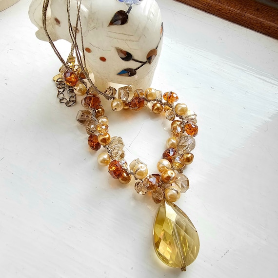 Crystal Teardrop Necklace, Citrine Colour, Clusters, Pearls & Beads, Elegant Bridesmaid Jewellery, Handcrafted Crystal Jewellery, Fair Trade