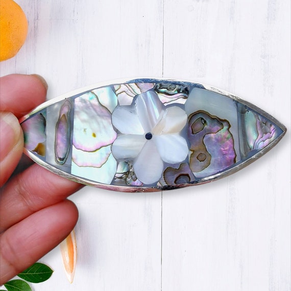 Mother of Pearl Hair Barrette, Floral White Daisy Design, Abalone Shell Hair Clip, Silver Plated, Mexican Shell Hair Jewelry, Sea Hair Clip
