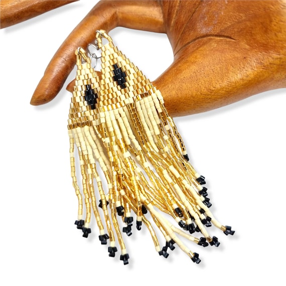 Beaded Fringe Earrings/ Beaded Miyuki Long Beaded Earrings / Diamond Design / Boho Tassel Dangle Earrings for Women / Gold Black Colour