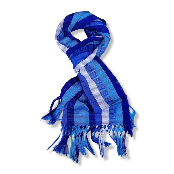 Handwoven Blue White Striped Scarf - Fringed Wrap - Medium Size Scarf with Tassels - Bohemian Gift - Colorful Stripes-Cotton Scarf- Handmade