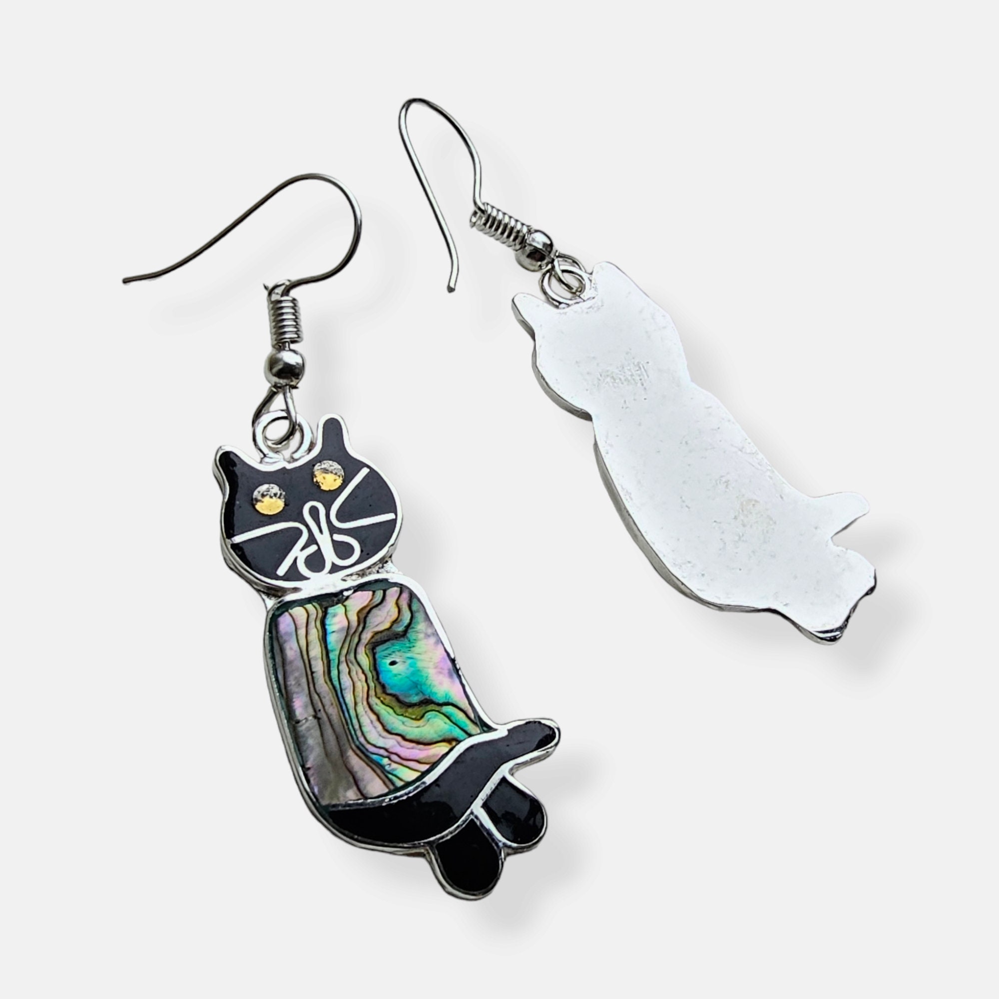 Orecchini Gatto In Argento 925 Con Abalone E Albero Della Vita | Gioiello Antiallergico Per Amanti Dei Gatti