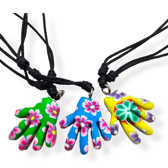 Handmade Rubber Hand Shape Necklace with Floral Pattern – Black Cord Adjustable Necklace - Beach Jewellery for Unisex Surfer Style -