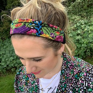 Embroidered Headband, Floral and Animal Design, Guatemalan Huipil Hair Accessory,  Multi Colour, Stretchy Ethnic, Bohemian Headband
