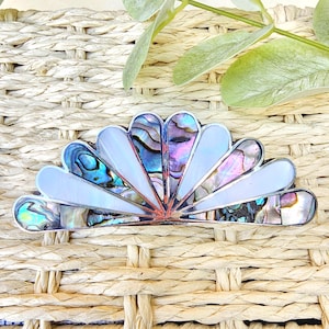 Mother of Pearl Hair Barrette, Abalone Shell Hair Clip, Silver Plated, Fan Design,  Mexican Jewelry, Shell Hair Jewellery, Sea Hair Jewelry