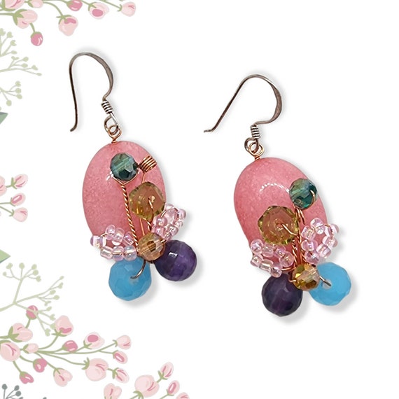 Rose Quartz Cluster Earrings, Pink Gemstone Earrings, Silver Drop Dangle earrings, Bridesmaid Gift, Bridal Jewelry, Oval Style, Handmade.