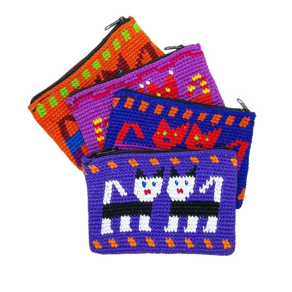 Crochet Coin Purse- Cat Design- Boho Chic Coin Bag- Zippered Purse- Hippie Pouch-Ethnic Handmade Purse- Teachers Gift- Credit Card Holder