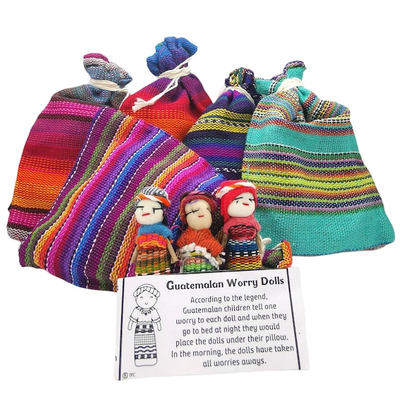 Worry Dolls-3 Dolls 1 Bag-Guatemalan-Large doll-Trouble dolls-Worry People-Best friend gift-Birthday Gift-Anxiety Gift-Worry Doll-Ethnic