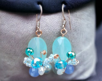 Butterfly Earrings, Aqua Blue Jade and Crystal Earrings, Insect Jewelry, Statement Earrings, Gift for Mom, Dainty Dangles, Beaded Earrings