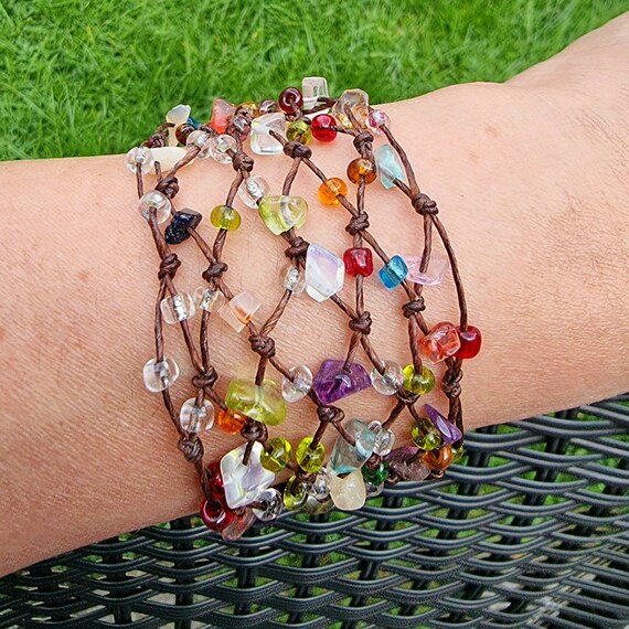 Netted Bead Bracelet, Wax Cord bracelet, Multi Colour Chips, Boho Chic Cuff, Women's Gift, Statement Bracelet- Rainbow Color, Bohemian style