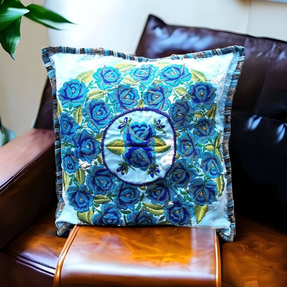 Floral Cushion Cover- Blue Roses Motif- Huipil Pillow Cover- Guatemalan Boho Cushion Cover- Huipil Cushion Cover-Tribal Pattern-Ethnic Decor
