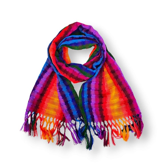 Woven Rainbow Scarf | Guatemalan Scarf | Bohemian Rainbow Shawl | Light Weight Wrap Around | Artisan Made | Scarf With Tassels
